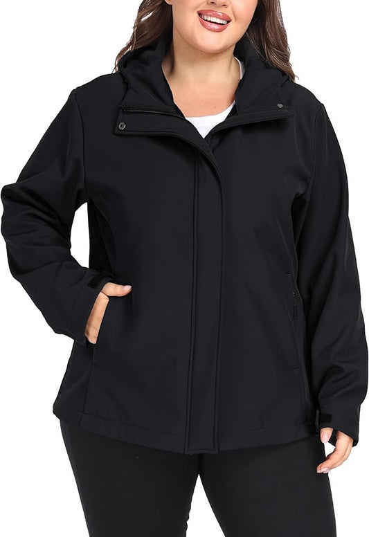 wantdo Women's Plus Size Softshell Jackets Hooded Warm Fleece Lined Windbreaker