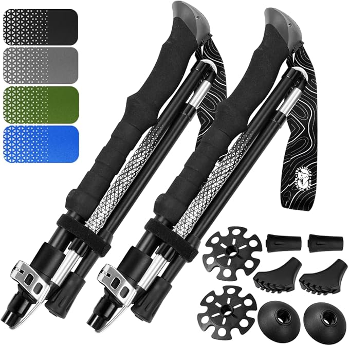 Premium Foldable Hiking Poles by USA Brand - Adjustable, Lightweight Trekking Poles Made of Aircraft Aluminum, Metal Flip Locks & Comfortable Real Cork and EVA Foam Grips
