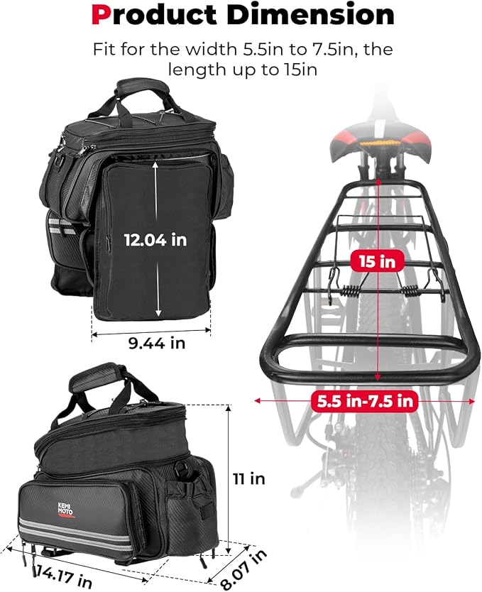 KEMIMOTO 20L Bike Bag Rear Rack with Waterproof Rain Cover, Carbon Leather Bike Trunk Bag Pannier Handbag for Bicycle, Ebike, Storage Cargo Mountain Road Bike Commuter