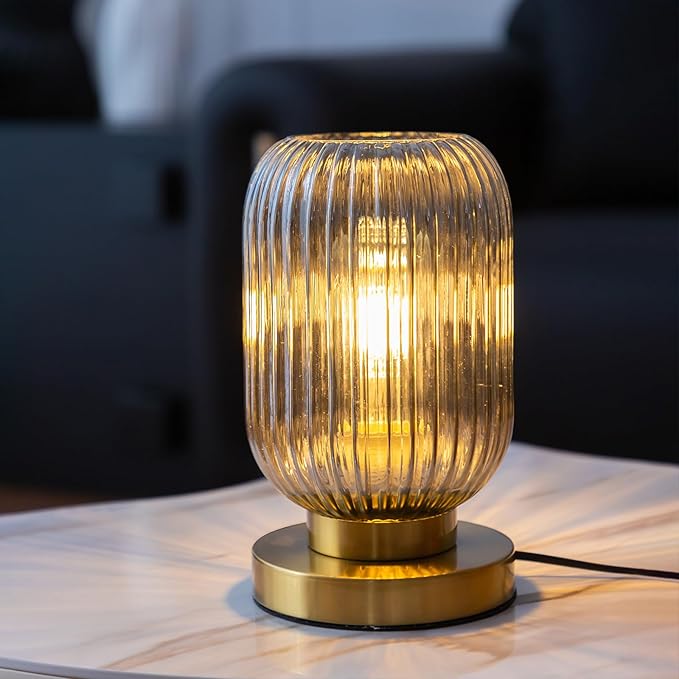 Modern Ribbed Glass Table Lamps Mid Century Bedside Light Small Nightstand Lamp with Plug-in Style, E26 Ambient Lighting for Bedroom Living Room Tabletop, Smoke Gray