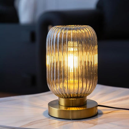 Modern Ribbed Glass Table Lamps Mid Century Bedside Light Small Nightstand Lamp with Plug-in Style, E26 Ambient Lighting for Bedroom Living Room Tabletop, Smoke Gray