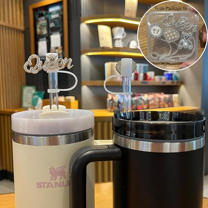 Bling Diamond Straw Cover for Stanley Cup Accessories - Silicone Straw Toppers with Silver Rhinestone fit 9-12mm Straws