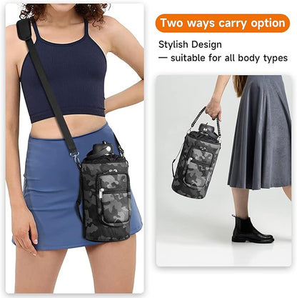 32/40/64/128 oz Neoprene Insulated Water Bottle Carrier Bag, Sling Bag Sleeve Pouch Holder with Strap & Paracord Handle and 2 Pocket for Travelling, Hiking, Camping