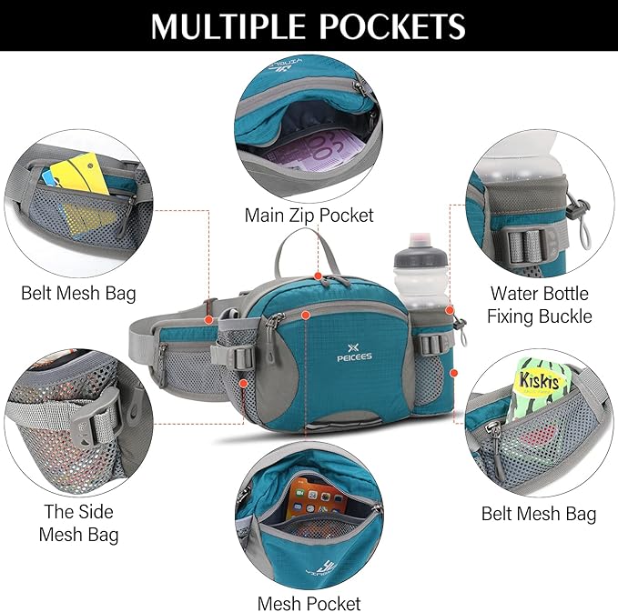 Peicees Hiking Fanny Pack Large Waist Bag for Men Women with Bottle Holder Water Resistant Lumbar Pack for Hiking Camping Fishing Outdoor (Bottle Not Included)