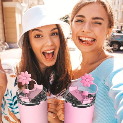 8PCS Silicone Straw Covers Toppers for Stanley Cups 30&40 Oz Tumbler Accessories Flower Straw Caps Pink Blue Dust-Proof Reusable Straws Tips Protectors for Stanley Cup 10mm 0.4in Straws