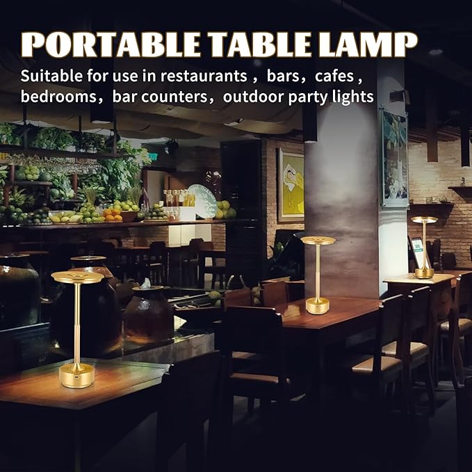 Rechargeable Cordless LED Table Lamps Touch Sensor Light, 3-Levels Portable Dimming Wireless Battery Operated Lamp，Nightstand Lamp/Night Light/Restaurant Table/Outdoor/Coffee/Bar (Gold)