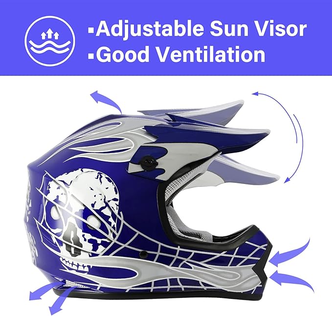 SLMOTO Dot Youth Kids Helmet Motocross Offroad Street Helmet Motorcycle Helmet Dirt Bike Motocross ATV Blue Skull Design HelmetGogglesGloves Small, Blue 2