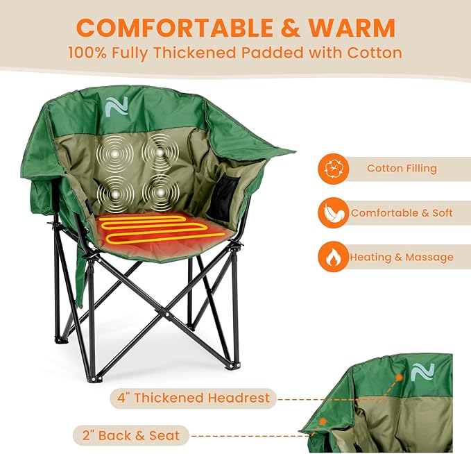 NAIZEA Heated Massage Camping Chairs,Heated Outdoor Chair w/3 Heating Mode, Oversized Heated Chair for Adults, Heavy Duty Folding Camping Chairs for Camp,Fishing, Sports Events,NOT Included Battery