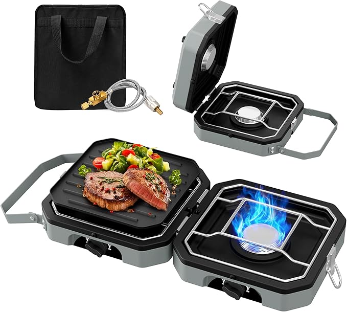 Camping Stove Portable Propane Camp Stove with Independently Adjustable Heat & 2 Burners, Foldable Gas Stove with Carry Bag for Outdoor Cooking,Tailgating & Backyard Gathering（Gray）