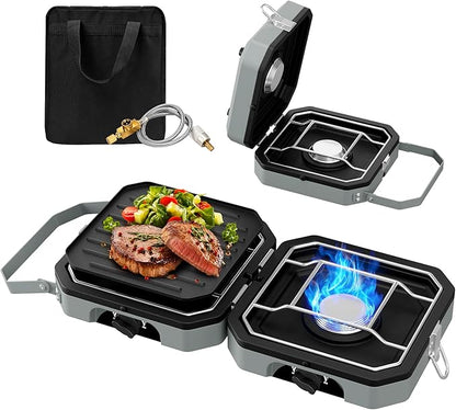 Camping Stove Portable Propane Camp Stove with Independently Adjustable Heat & 2 Burners, Foldable Gas Stove with Carry Bag for Outdoor Cooking,Tailgating & Backyard Gathering（Gray）