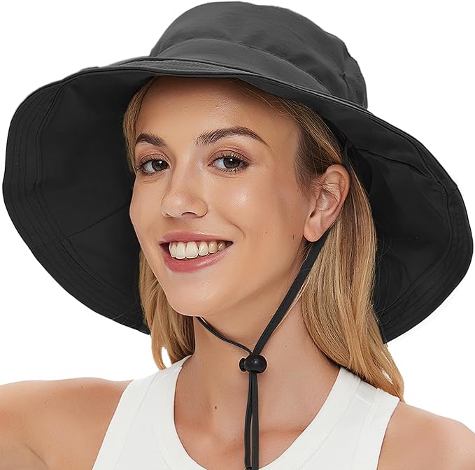 Sun Hats for Women Men UV Protection Wide Brim Bucket Hat with Ponytail Hole Waterproof Gardening Fold-Up Summer Cap