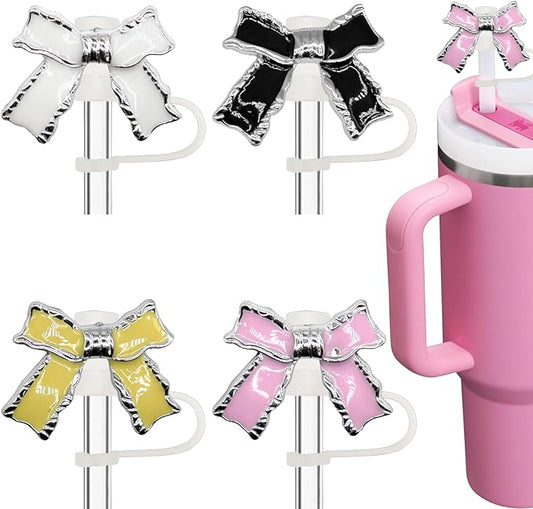 Epoxy Bow Straw Toppers for Stanley Cups -4PCs Cute Straw Cover Caps Silicone Stanley Cup Accessories Compatible with 12 20 30 40 Oz Tumblers in Pink Black White Yellow with Storage Case