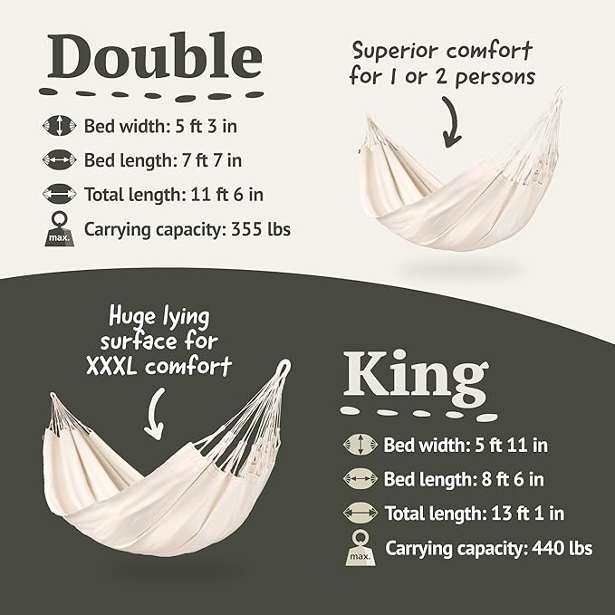 LA SIESTA® Modesta Organic Cotton Hammock - Indoor Outdoor, Bedroom Backyard Porch Patio Tree - Large Fabric Bed, 2 Person - Max 355 Lbs, Double Hammock, Latte