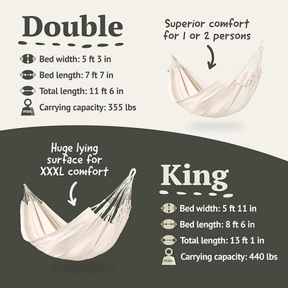 LA SIESTA® Modesta Organic Cotton Hammock - Indoor Outdoor, Bedroom Backyard Porch Patio Tree - Large Fabric Bed, 2 Person - Max 355 Lbs, Double Hammock, Latte