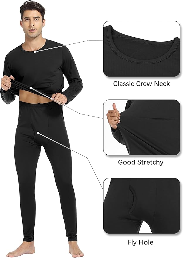 URATOT 2 Sets Men's Thermal Underwear Set Fleece Lined Thermal Underwear Soft Long Johns Top Bottom Set for Men Cold Winter