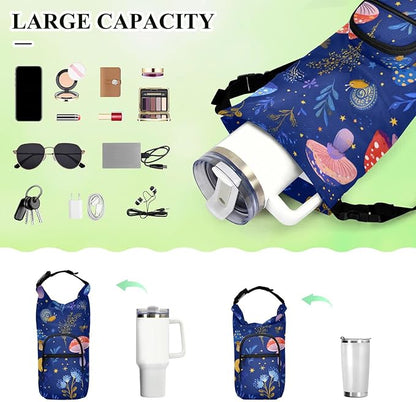 Mushroom Pattern Blue Water Bottle Holder with Strap Insulated Water Bottle Carrier Crossbody Bags Pouch with Phone Pocket for Travel Gym Hiking Walking Running