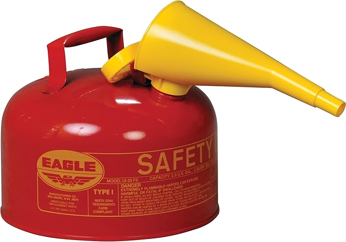 Eagle 2.5 Gallon Type I Red Safety Gas Can for Gasoline with Flame Arrester, Self-Closing Lid, and F-15 Funnel, Made in the USA, Galvanized Steel Flammable Storage Can, UI25FS