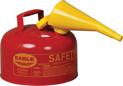 Eagle 2.5 Gallon Type I Red Safety Gas Can for Gasoline with Flame Arrester, Self-Closing Lid, and F-15 Funnel, Made in the USA, Galvanized Steel Flammable Storage Can, UI25FS