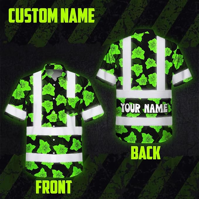 High Visibility Hawaiian Shirt for Men Tropical Shirts Custom Name Floral Outfit Reflective Safety Workwear