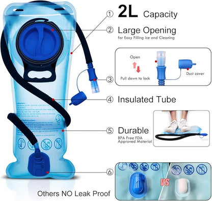 Hydration Pack, Insulated Hydration Backpack with 2L BPA Free Water Bladder and Storage, Hiking Backpack for Men, Women, Kids for Running, Cycling, Camping - Keep Liquid Cool up to 5 Hours