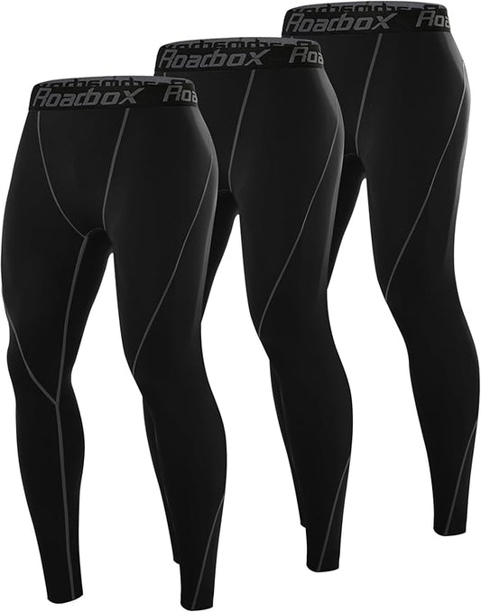 Roadbox 3 Pack Compression Pants Men, Performance Running Workout Sports Leggings, Gym Basketball Athletic Tights Base Layer