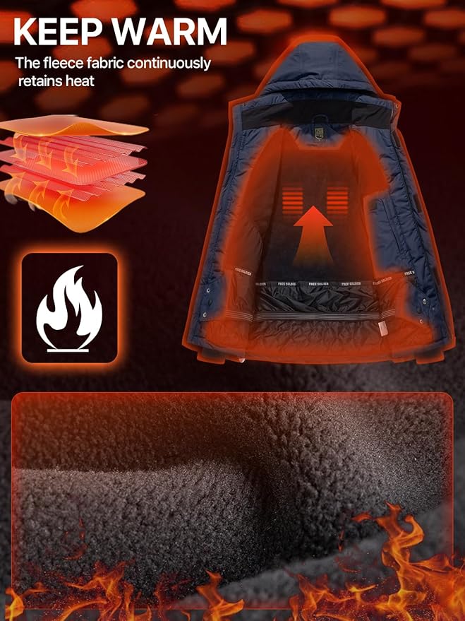 FREE SOLDIER Men's Waterproof Ski Jacket Fleece Lined Warm Winter Snow Coat with Hood Fully Taped Seams