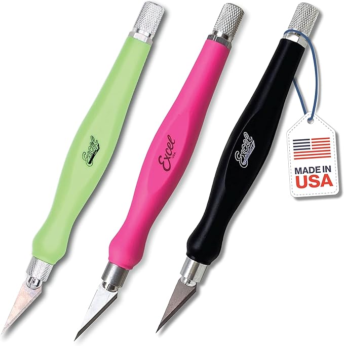 Excel Blades Fit Grip Craft Knife 3-Pack With #11 Ultra-Sharp Carbon Steel Angled Blade – Precision Hobby Knife with Contoured Rubberized Grip for DIY, Art Crafts – Assorted Colors, Made in the USA