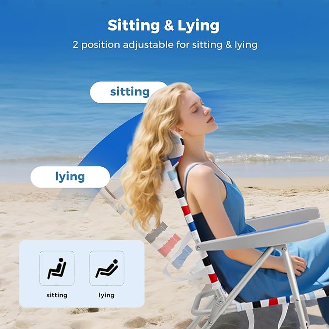 SUNNYFEEL Portable Beach Chair, Folding Low Back Beach Chair, Lightweight Camp Chair with Reclining Position, Backpack Lounger for Beach, Camping, Lawn, Outdoor, Red Blue White Striped