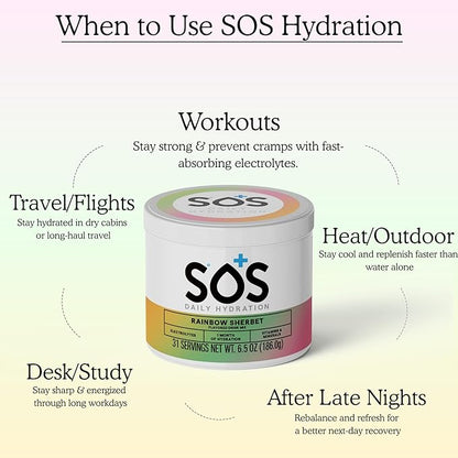 SOS Hydration Electrolyte Powder Drink Mix | 31 Servings | Low Sugar | 15 Calorie | Keto-Friendly & Rapid Rehydration | Rainbow Sherbert