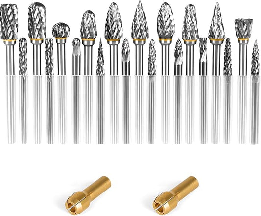20Pcs Tungsten Carbide Burr Set 1/8 IN Shank, Die Grinder Bits Compatible with Dremel Metal Grinding Bits fits Die Grinder Rotary Drill for Wood Stone Steel Cutting Engraving with 2 Collets