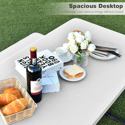 Tangkula Picnic Table Bench Set, Outdoor Picnic Table with 2 Benches, Metal Camping Table with Plastic Wood-Like Texture Tabletop & Steel Frame, Ideal for Picnic, Party, Garden, Lawn (White)