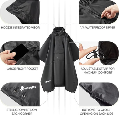 PTEROMY Hooded Rain Poncho for Adult with Pocket, Waterproof Lightweight Unisex Raincoat for Hiking Camping Emergency