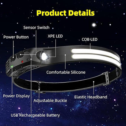 LED Headlamp Rechargeable 4PCS - 230° COB Super Bright Head Lights for Forehead, Hard hat Light for Adults, USB C Headband Flashlight for Work, Hiking, Running, Camping Essentials Gear