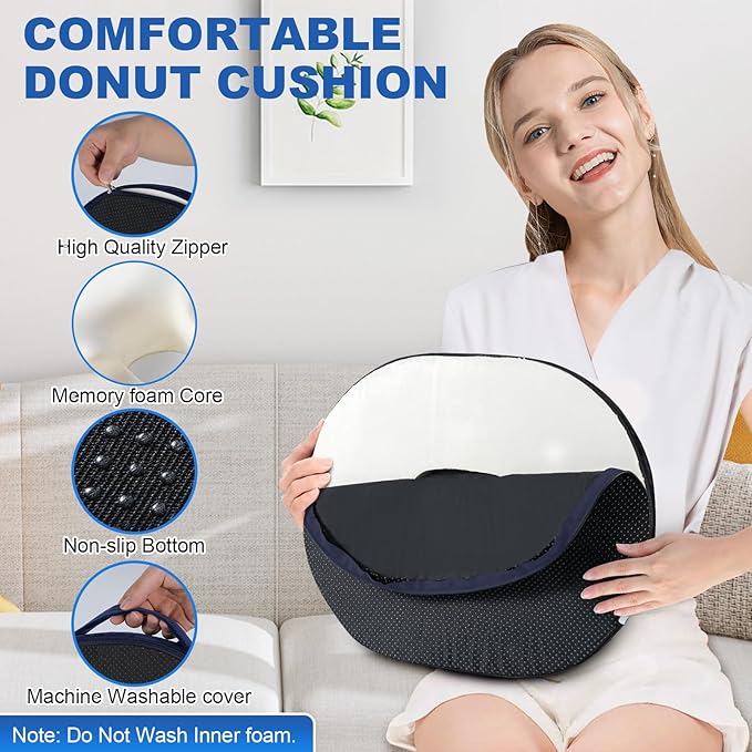 Donut Cushion Memory Foam Hemorrhoids Cushion for Postpartum & Coccyx & Tailbone Pain Pressure Relief for Office Chair, Wheelchair, Office, Car Seat (Blue)