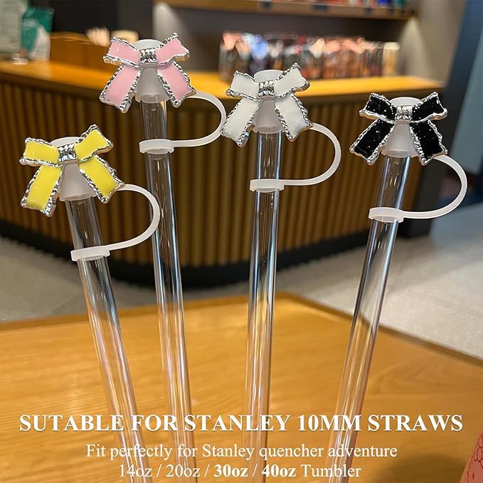 Epoxy Bow Straw Toppers for Stanley Cups -4PCs Cute Straw Cover Caps Silicone Stanley Cup Accessories Compatible with 12 20 30 40 Oz Tumblers in Pink Black White Yellow with Storage Case