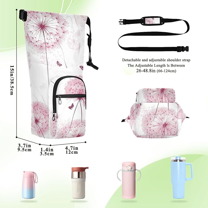 Pink Dandelion and Butterfly01 Water Bottle Holder with Strap Insulated Water Bottle Carrier Crossbody Bags Pouch with Phone Pocket for Travel Gym Hiking Walking Running