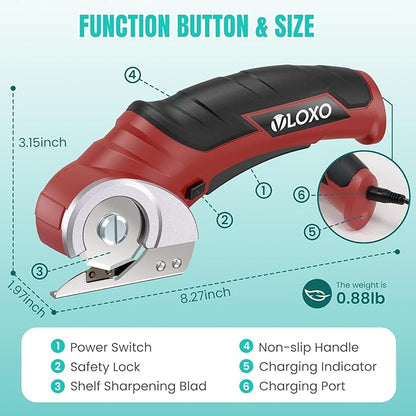 VLOXO Cordless Electric Scissors, Electric Box Cutter 4V Power Rotary Scissors Rechargeable Cardboard Cutter with Safety Lock Multi-Cutting Tools for Leather Carpet Canvas (Red)