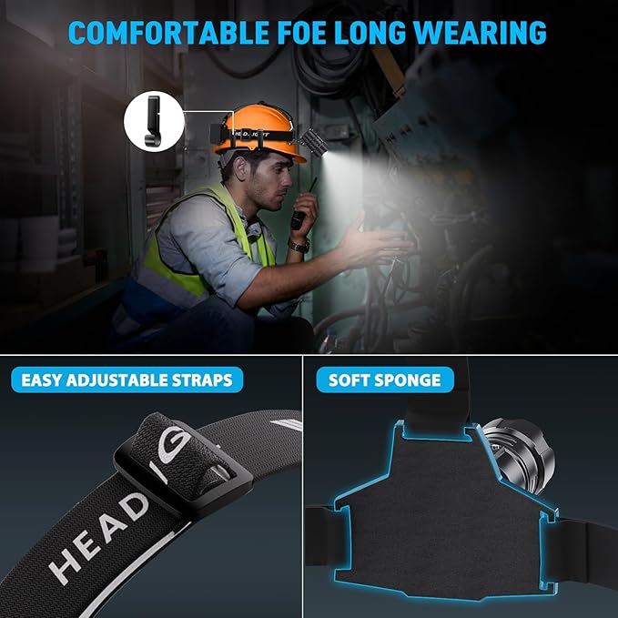 Sinvimes High Lumen LED Rechargeable Headlamp, 95H Long Battery Life Head Lamp with 5 Modes & IPX7 Waterproof & Zoomable, 120° Adjustable Head Light for Adults, Outdoor, Camping, Hardhat