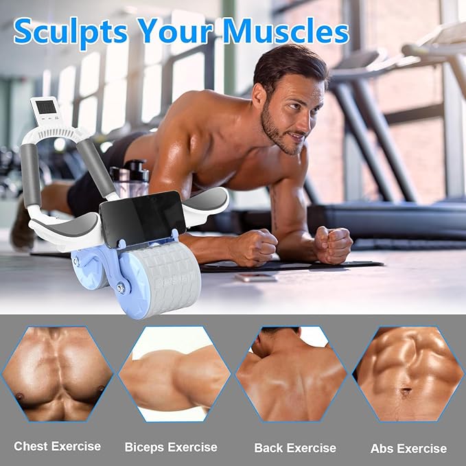 2025 New Ab Roller Wheel with Knee Mat &Timer, Automatic Rebound Abdominal Wheel, Ab Abdominal Exercise Roller with Elbow Support, Abs Workout Equipment Ab Exercise Roller for Women Men