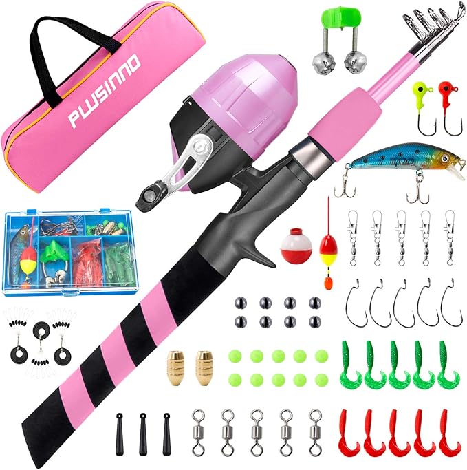 PLUSINNO Kids Fishing Pole, Portable Telescopic Fishing Rod and Reel Combo Kit - with Spincast Fishing Reel Tackle Box for Boys, Girls, Youth