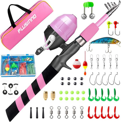 PLUSINNO Kids Fishing Pole, Portable Telescopic Fishing Rod and Reel Combo Kit - with Spincast Fishing Reel Tackle Box for Boys, Girls, Youth