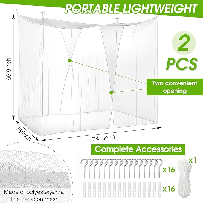 Tranqun 2 Pcs Mosquito Netting for Patio, Ultra Large Mosquito Net for Bed with 2 Side Openings 16 Hanging Loops for Camping Home Outdoor Travel Dormitory Decor(White,75 x 59 x 67 Inch)