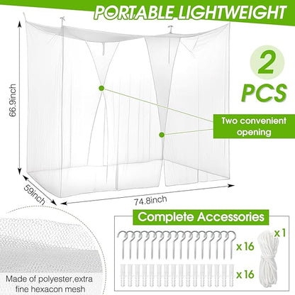 Tranqun 2 Pcs Mosquito Netting for Patio, Ultra Large Mosquito Net for Bed with 2 Side Openings 16 Hanging Loops for Camping Home Outdoor Travel Dormitory Decor(White,75 x 59 x 67 Inch)