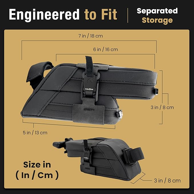 Lumiere & Co. Fidlock Magnetic Clip Attachment Bike Saddle Bag – 7″ × 3″ × 3″ | Double Compartment, Adjustable | Magnetic Black V Buckle Attachment System | Mach X (Black)