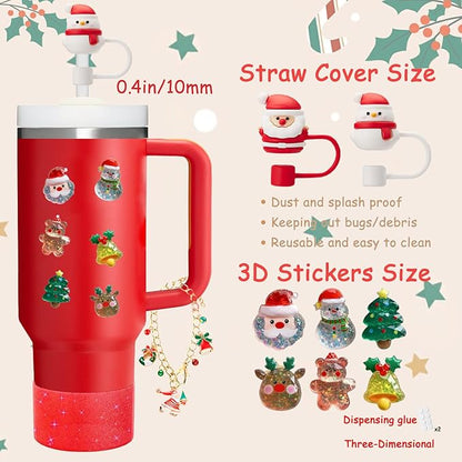 Christmas Stanley Cup Accessories Set,Including 2 Pcs 0.4in Christmas Straw Toppers, 8 Pcs 3D Stickers, 1 Pcs Handle Charm, 1 Silicone Boot Fits Stanley 40&30 Oz Tumbler (Glitter red)