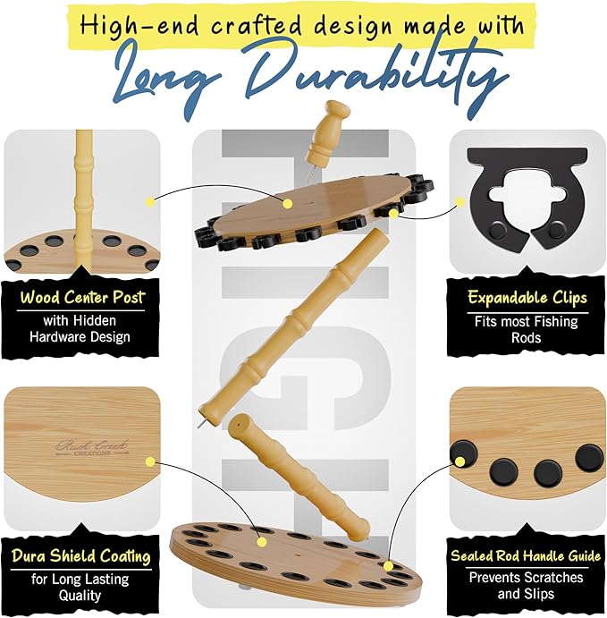 Rush Creek Creations Round 16 Fishing Rod Storage Rack - Features Traditional Handcrafted Wood Post - No Tool Assembly, Wood Grain Laminate