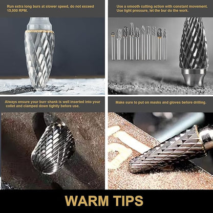 1/4" shank Carbide Burr Set Tungsten 10PC Double Cut Carbide Rotary Burr Set for Metal and Wood Carving, Grinding, Polishing, Engraving, Drilling with Plastic Box.