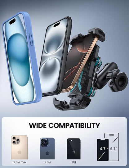 Lamicall Motorcycle Phone Mount Holder - [Dual Vibration Dampener] [Metal Adjustment Arm] Motorcycle Cell Phone Holder, Bike Handlebar Phone Mount, for iPhone 16 15 14 Pro Max, 4.7-6.7" Phones, Blue