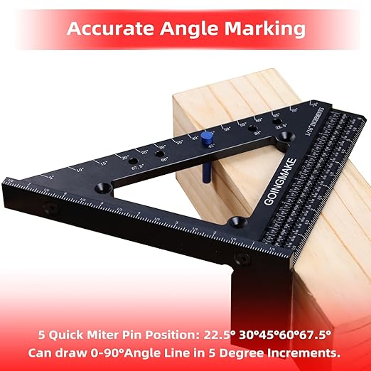 Big Carpenter Square 6x7.5 Inch Hole Scribing Ruler 3D Multi Angle Measuring Ruler 22.5-90 Degree Woodworking Square with Fixed Angle Pin 4 in 1 Square for Engineering and Construction