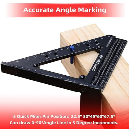 Big Carpenter Square 6x7.5 Inch Hole Scribing Ruler 3D Multi Angle Measuring Ruler 22.5-90 Degree Woodworking Square with Fixed Angle Pin 4 in 1 Square for Engineering and Construction